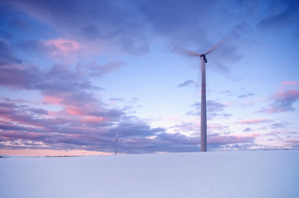 Two megawatt wind turbine on winter field