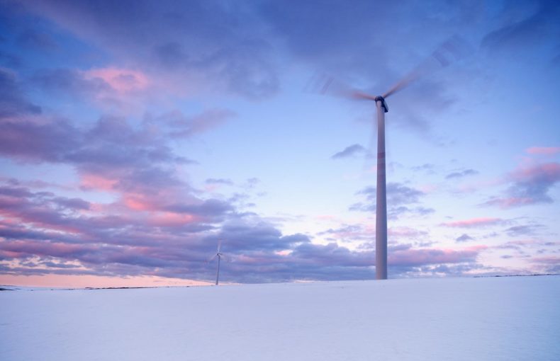 Two megawatt wind turbine on winter field