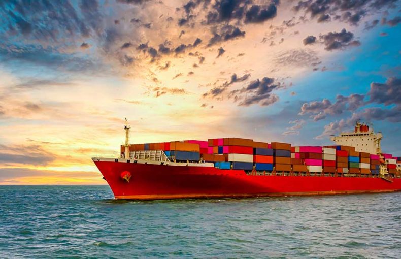 Container cargo freight shipping maritime vessel, transportation worldwide by container cargo ship boat in the open sea