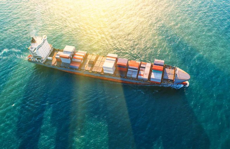 Container cargo ship in the open sea