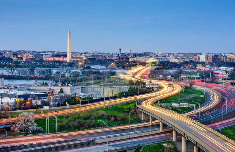 Washington, DC skyline of monuments and highways
