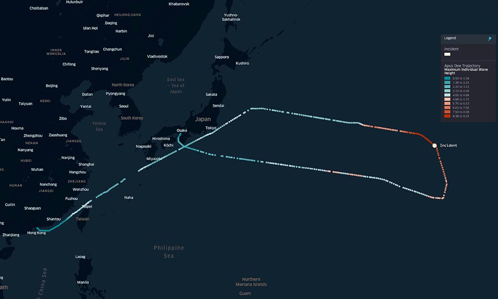 Maximum wave height peaked at around 9.25 meters concurrent with the approximate location of the reported One Apus incident