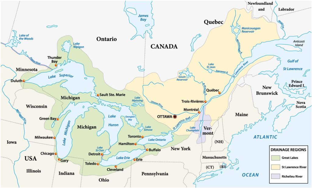 Map of the Great Lakes and St Lawrence River