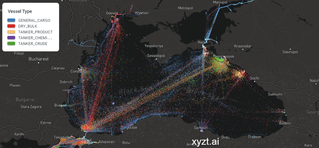 Spire’s AIS positions of commercial vessels in Black Sea in February 2022