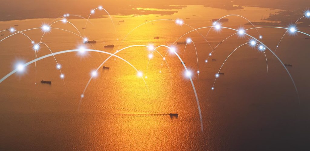 Ships at sea with wireless communication network concept illustration