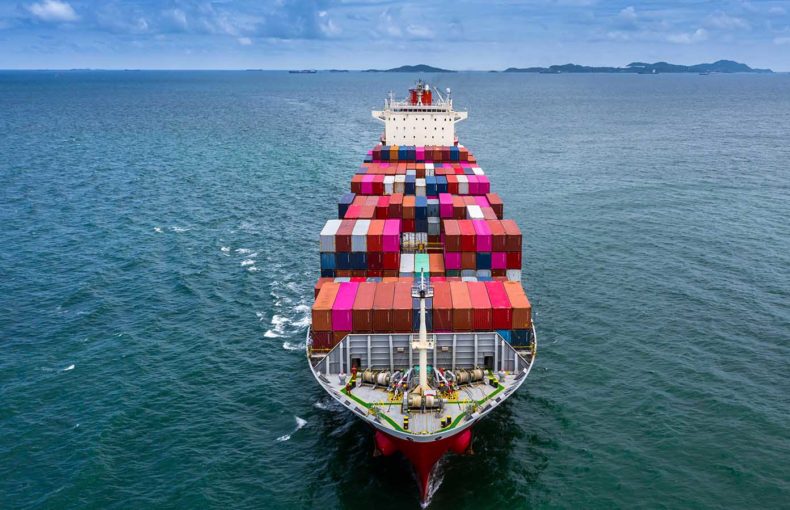 Aerial view of maritime container ship at sea