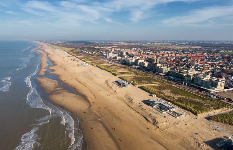 Aerial view of the Dutch town Noordwijk with the North sea and beach
