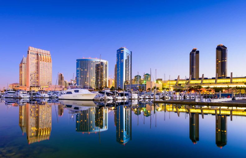 San Diego, California, USA skyline at the Embarcadero Marina.