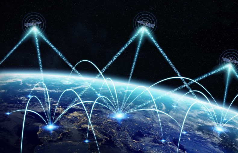 Network and satellite data exchange over planet earth in space 3D rendering