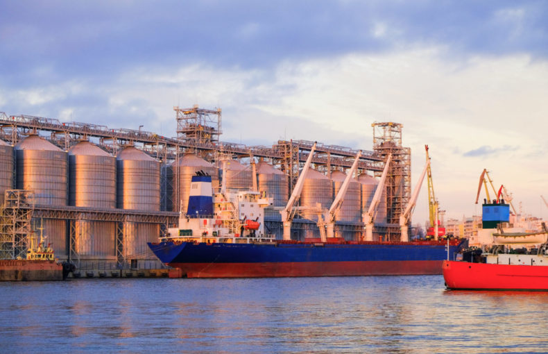 Bulk carrier ship in river port - dry cargo grain elevator