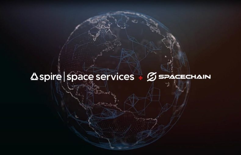 Spire Space Services & SpaceChain logos over earth data illustration