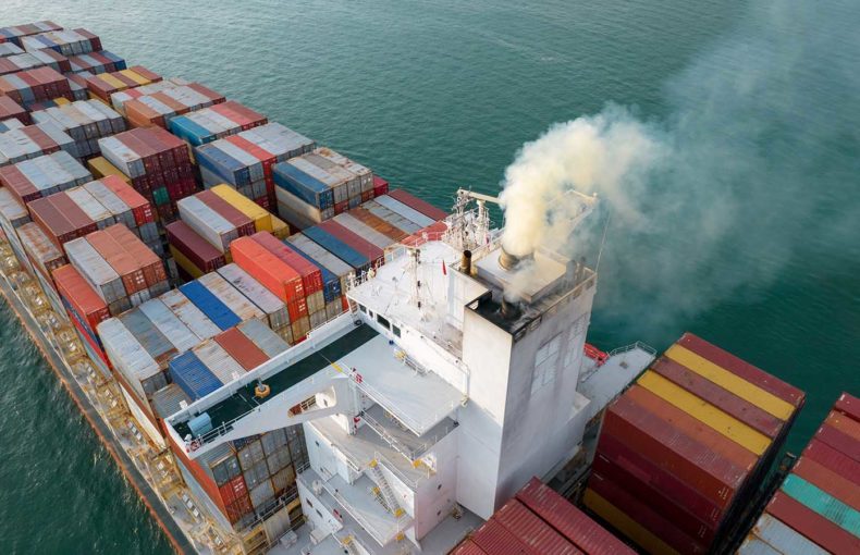 Carbon emissions from cargo container ship at sea