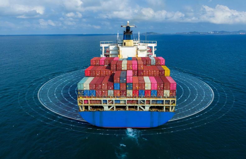 Shipping container at sea with data concept for measuring vessel performance