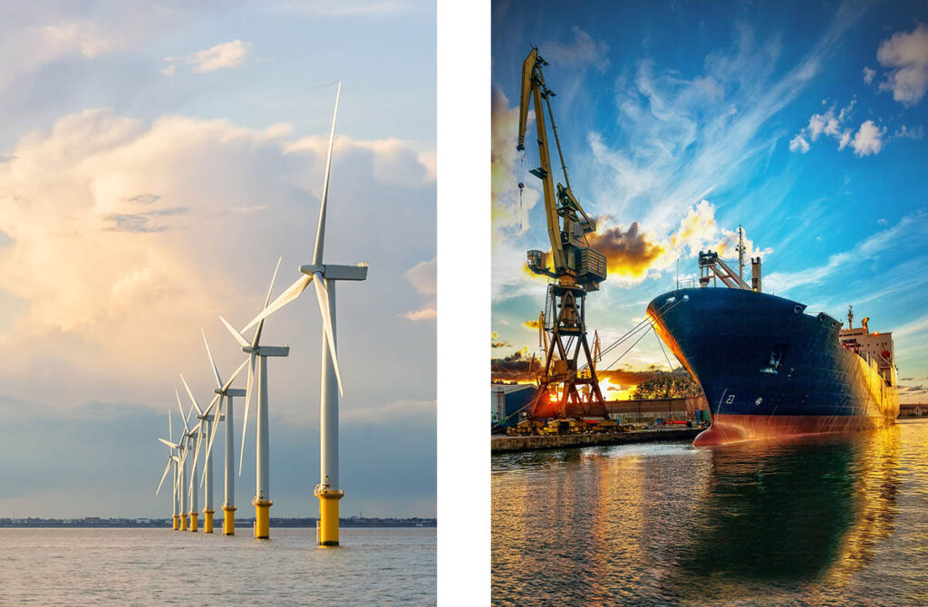 Images of ocean wind farm and ship in dock