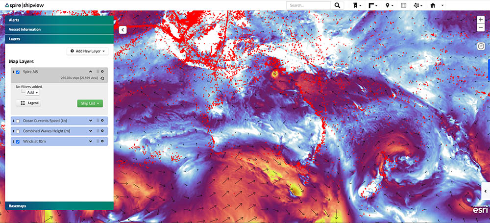 Spire Global's ShipView™ data visualization tool, showcasing ocean wind data in combination with AIS vessel-tracking data (red dots) over Australia