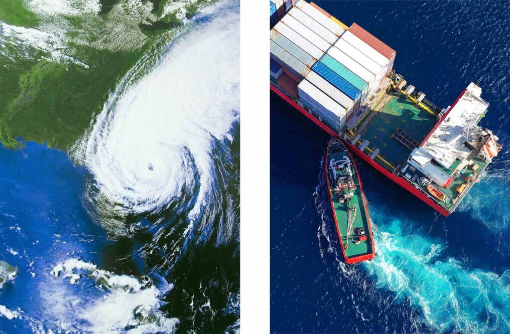 Combination image of storm of earth and and aerial view of ship at sea