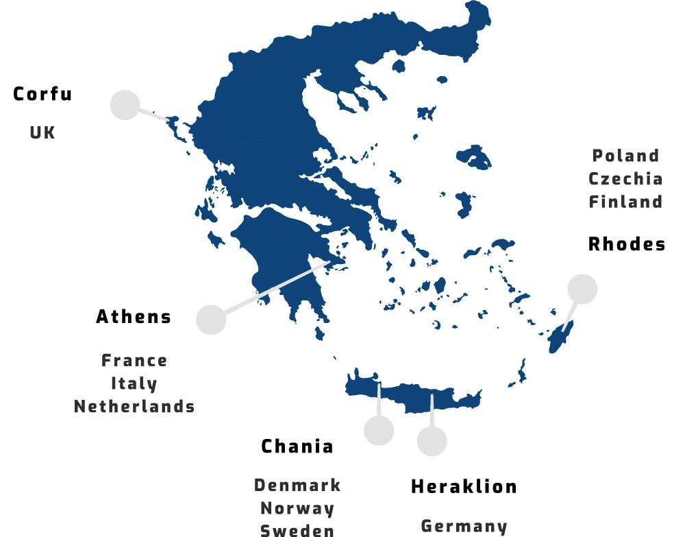 Greek airports map showing the most popular seasonable departure airports
