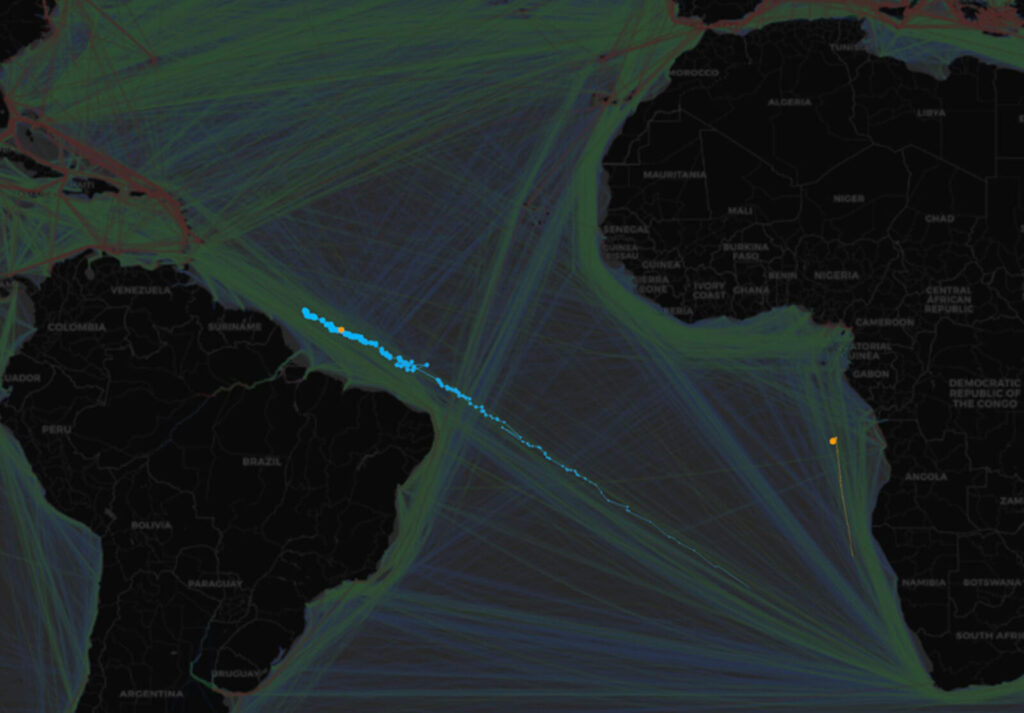 Spire's dark ship detection showing ship spoofing its location over the Atlantic Ocean