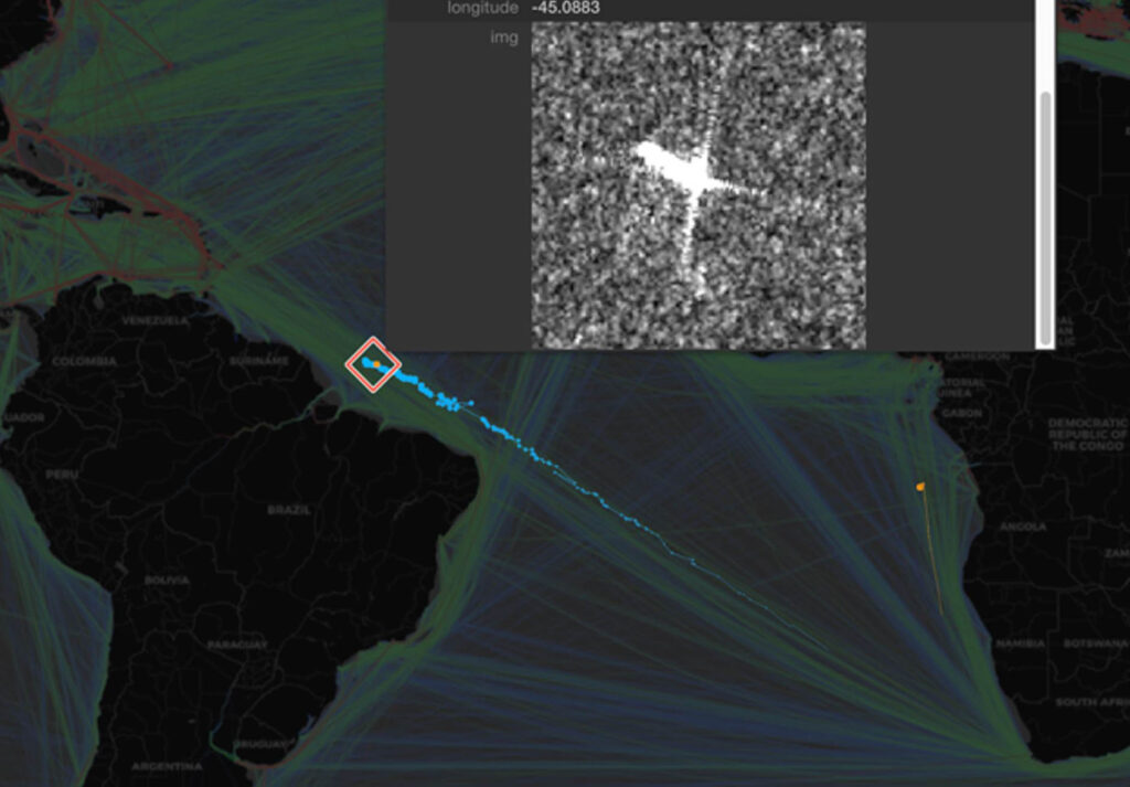 Spire's dark ship detection showing ship spoofing its location over the Atlantic Ocean with satellite image of ship's actual location