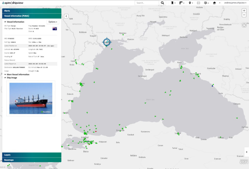 Spire’s ShipView tool dashboard showing ships around Ukraine