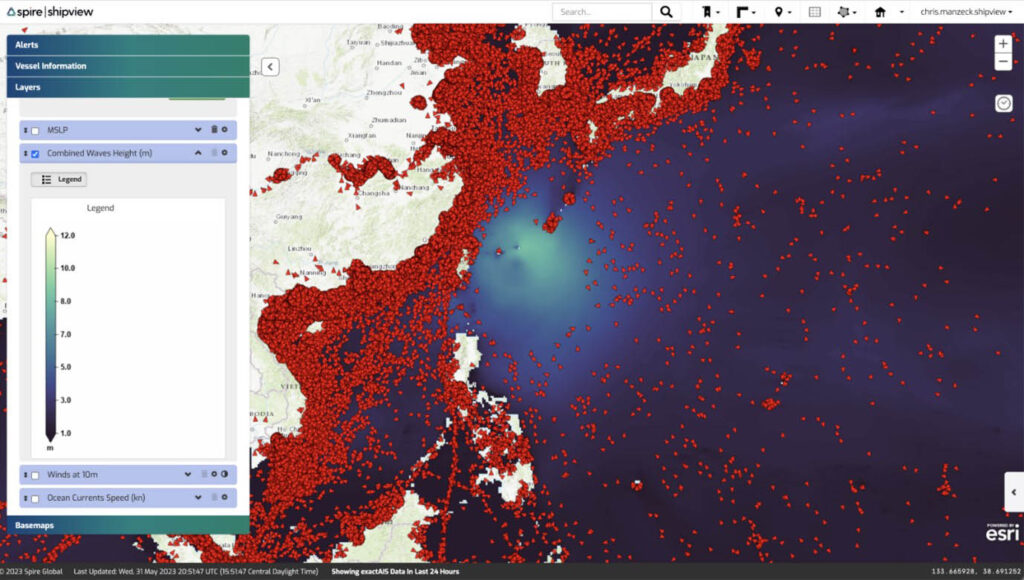 Spire’s ShipView tool dashboard showing avoiding Typhoon Mawar