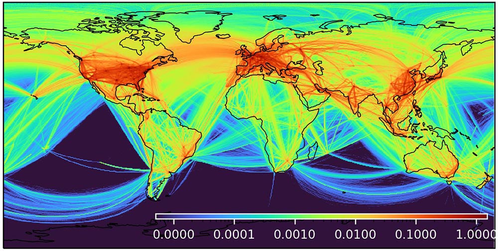 World map showing the normal global air traffic density in 2019