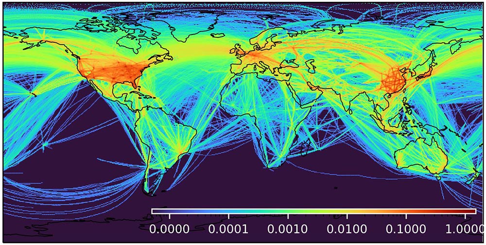 World map showing the global air traffic density significantly reduced in 2020