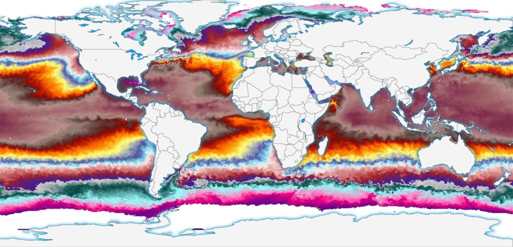 Map showing world wide sea temperatures