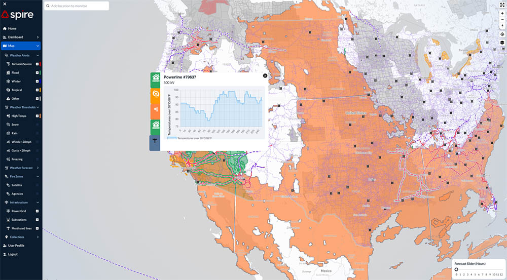 A map of the U.S. from Spire's DeepVision™ dashboard showing weather warnings around power grids in Nevada