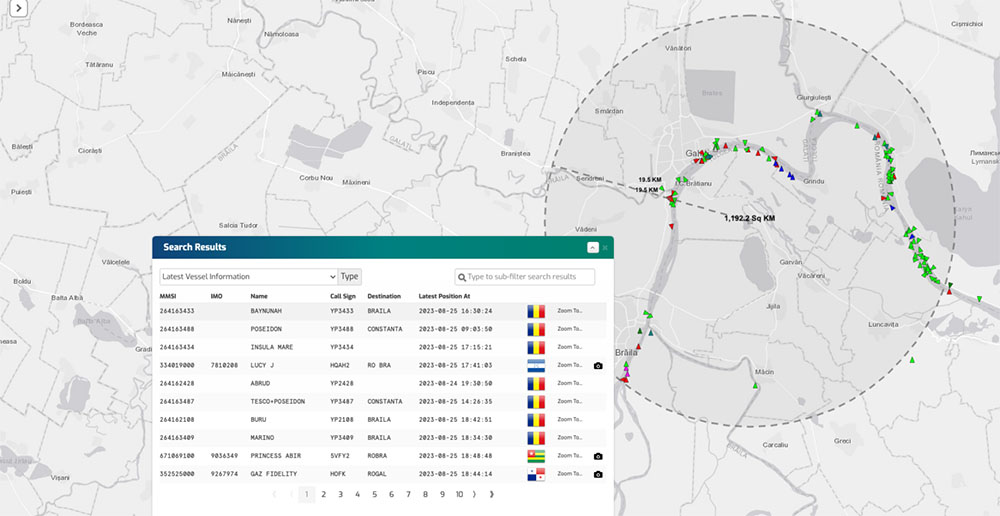 Spire Maritime’s ShipView dashboard focused on the Port of Galati showing cargo, tug boats, tankers, and other boats
