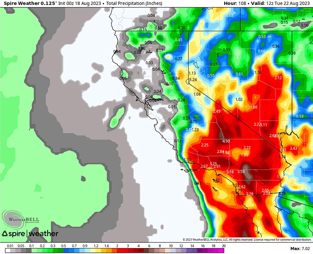 A weather map of Spire Weather's precipitation data with up to 7.02 inches of rain in Southern California for early next week