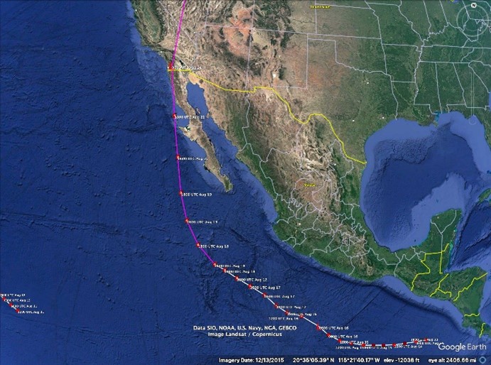 A map showing Spire's data forecasting Hurricane Hilary's route towards California