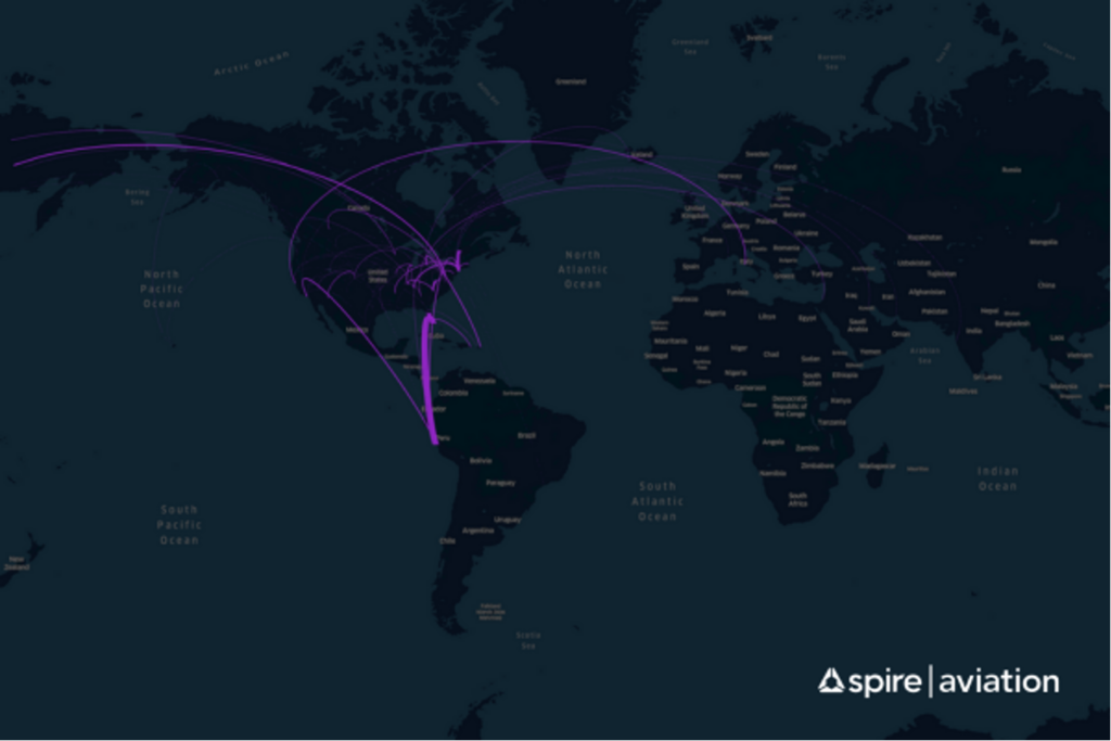A map of flight routes for US carriers showing domestic and international routes regionally and internationally.