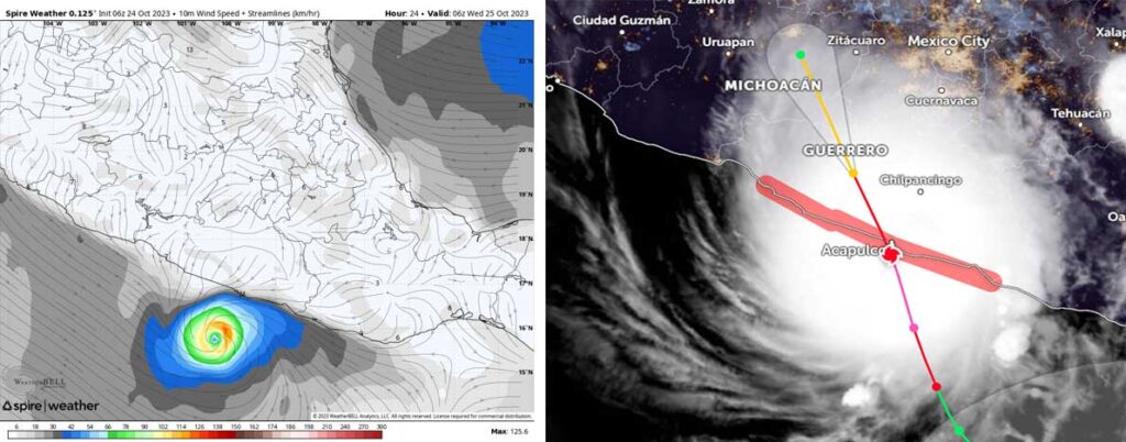 Spire's forecasting for Hurricane Otis vs. the satellite view as the storm reached landfall.