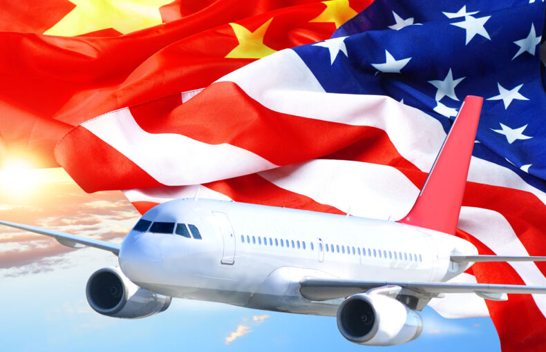 An aviation image composite with Chinese and American flags and a plane.