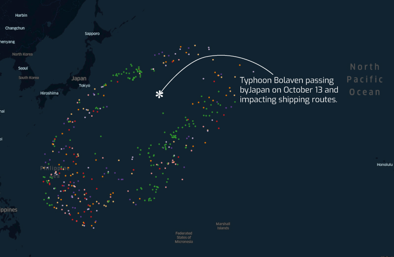 A map of Spire's shipping data showing Typhoon Bolaven's impact on shipping routes.