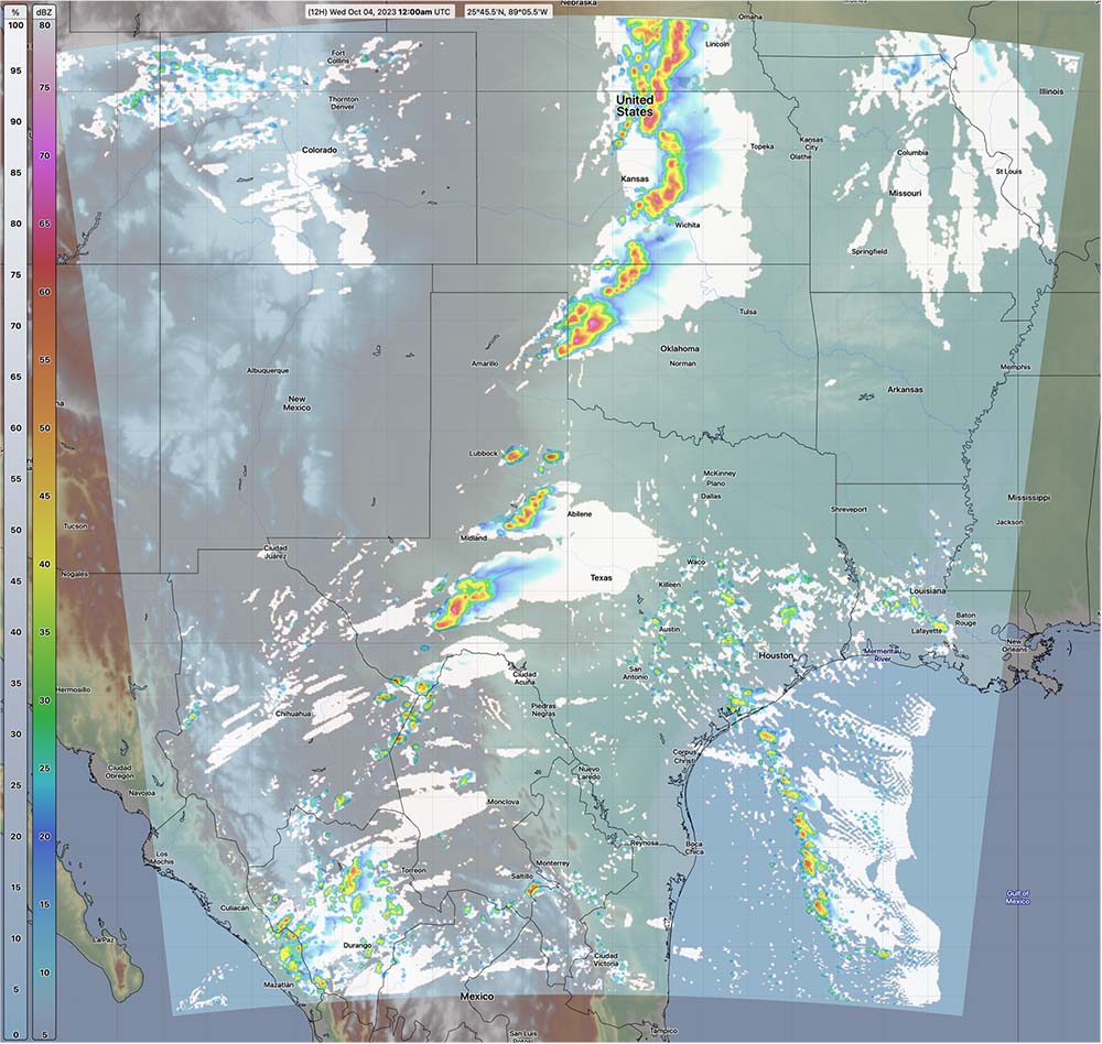 Spire's High-Resolution Weather Forecast shows thunderstorms developing over the central US plains