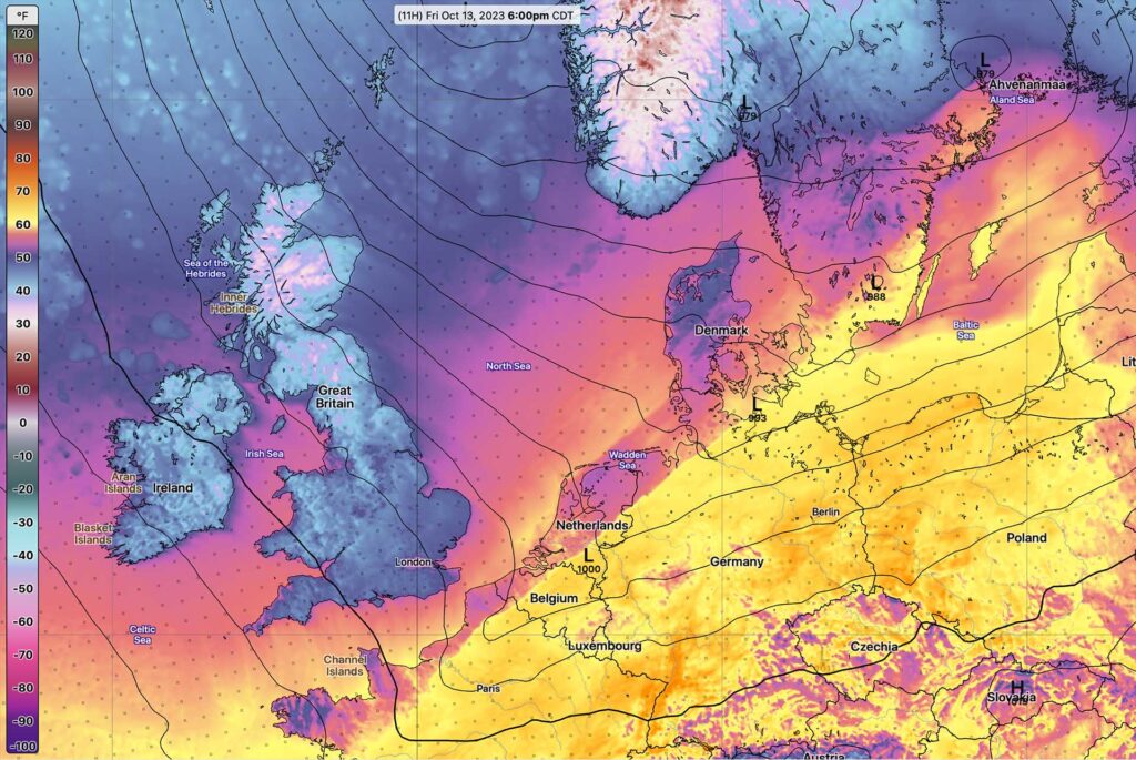 Weather map of temperature & pressure over Europe from Spire's High Resolution Forecast platform