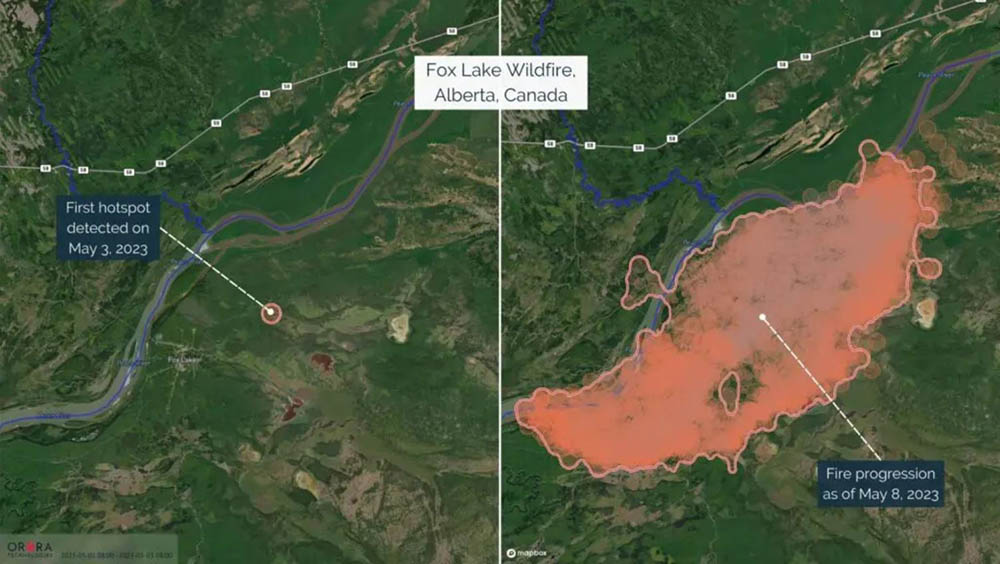 An example of a recent fire that emerged near Fox Lake, Alberta, captured on May 8, 2023, via OroraTech’s Wildfire Solution. Left image: The detection of the first hotspot on May 3, 2023. Right image: The fire progression after five days of burning (OroraTech)