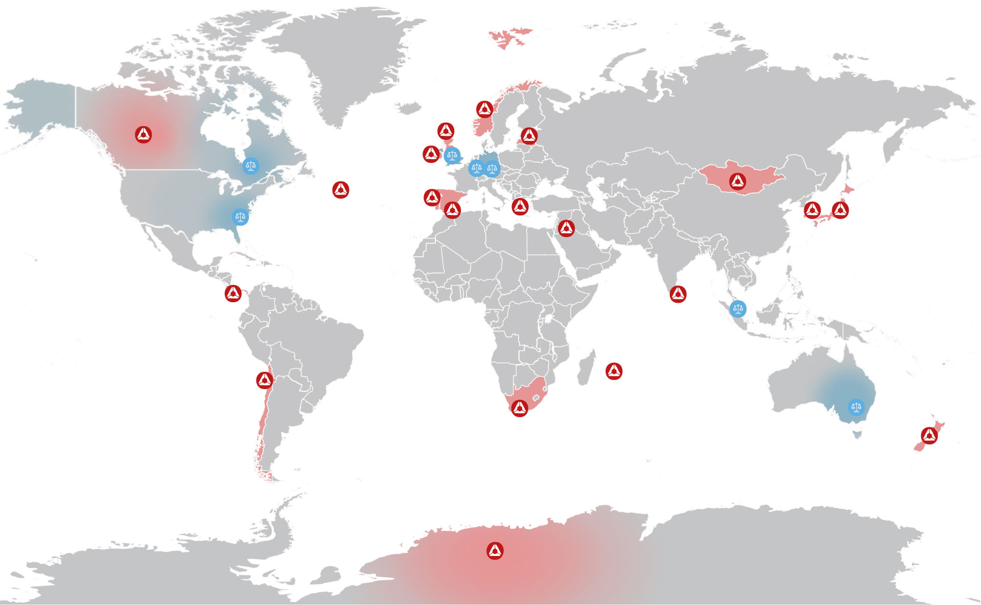 Global map showing Spire official licensed & legal entities and regulatory & licensing framework experience areas
