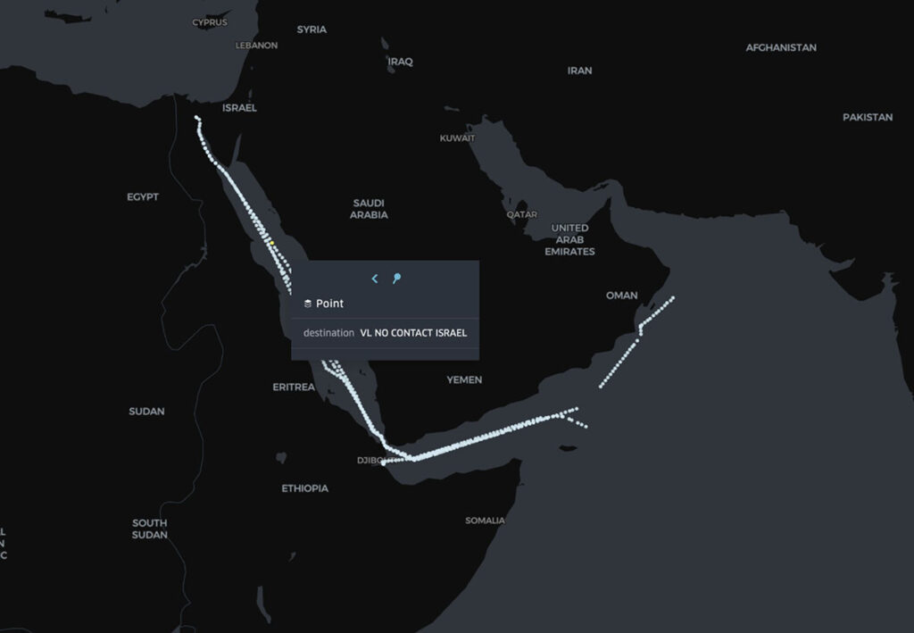 A vessel that changed its destination in the AIS data destination field to ‘VL NO CONTACT ISRAEL’ in the hope that they would be able to sail safely through the area and protect themselves from Houthi attacks