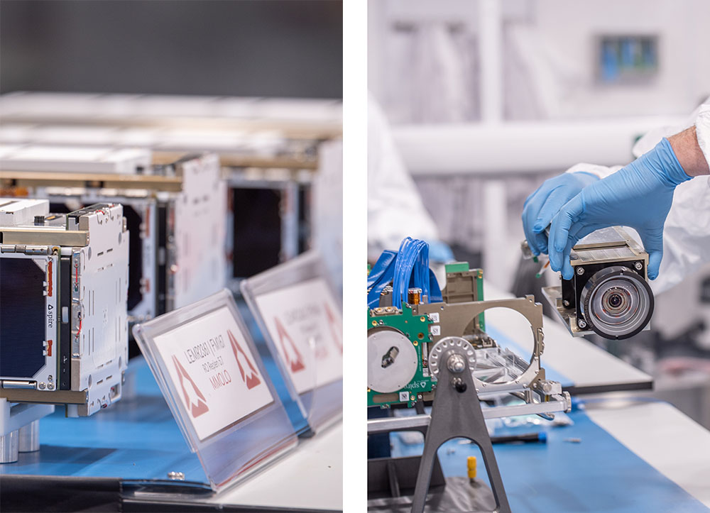 Satellites being manufactured in Spire Global's cleanroom