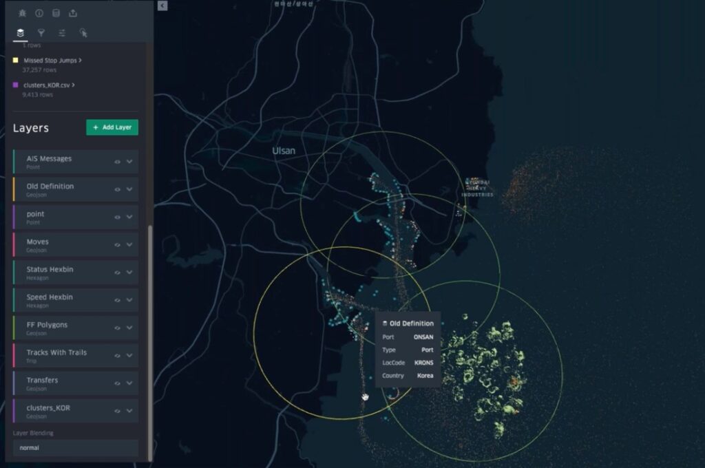 Maritime dasboard shows dynamic polygons representation to understand ship behaviours at the ports and terminals
