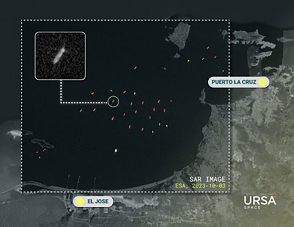 El Jose & Puerto La Cruz Vessel detections - identified (green) and suspected dark vessels (red) - 2023