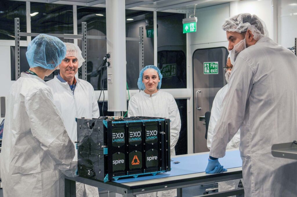 Nanosatellites undergoing deployer integration at the Spire Global Glasgow, Scotland facility with the Exolaunch team for the SpaceX Transporter 7 mission, pictured in March 2023