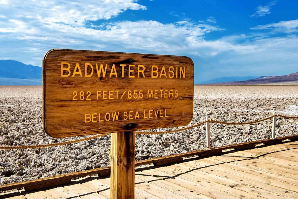 Badwater Basin sign with information about elevation at Death Valley National Park