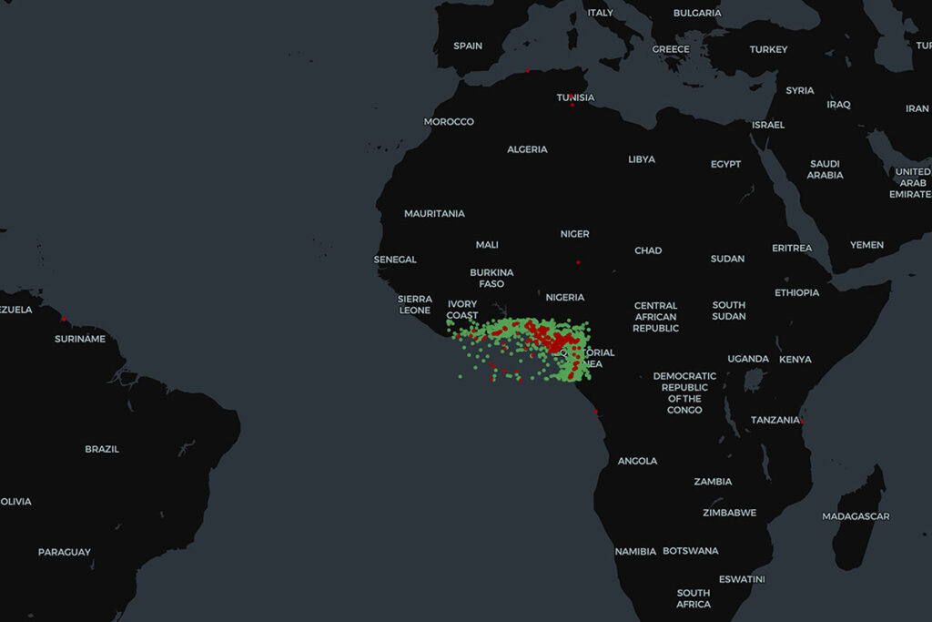 Map showing AIS Position Validation detecting vessels in the Gulf of Guinea that are not reporting as being there
