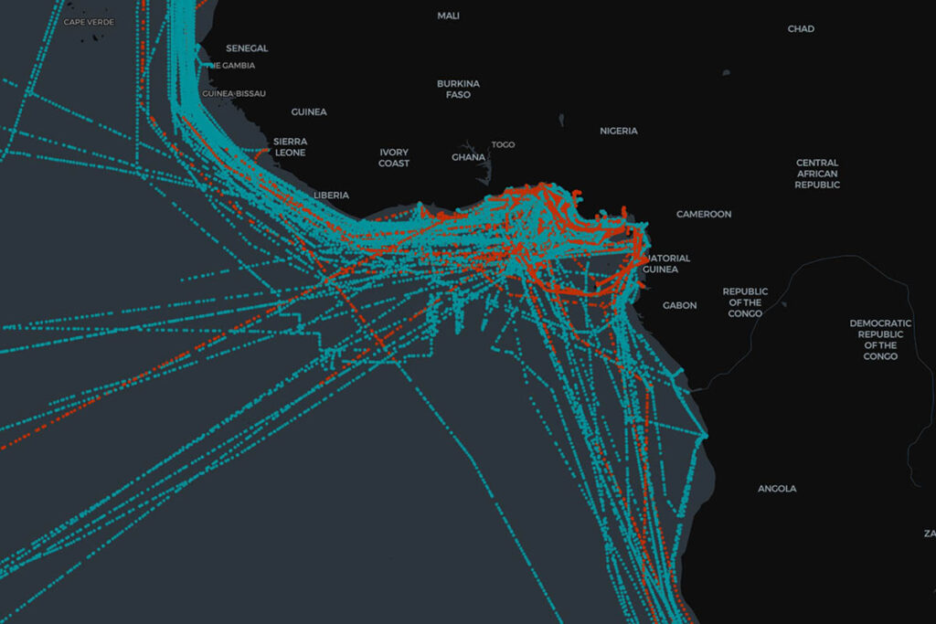 Map showing the vessel tracks in red that changed their destination to ‘armed guards on board’ in the Gulf of Guinea