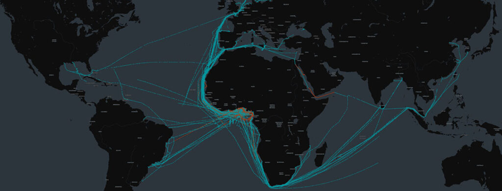 Map showing ships changing the destination to ‘armed guards on board’ only happens when approaching a high-risk zone around the Gulf of Guinea and the Red Sea