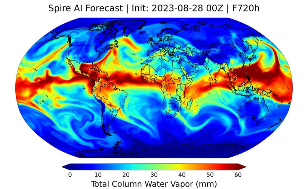 Spire Weather AI forecast map showing total column water vapour in mm